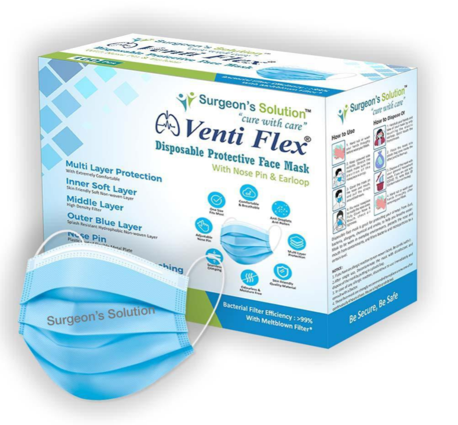 Ventiflex Face Mask 3 ply Earloop BFE 99.9% With Meltblown Filter