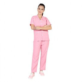Nurse Staff Uniform Set Open Collar Top Pink